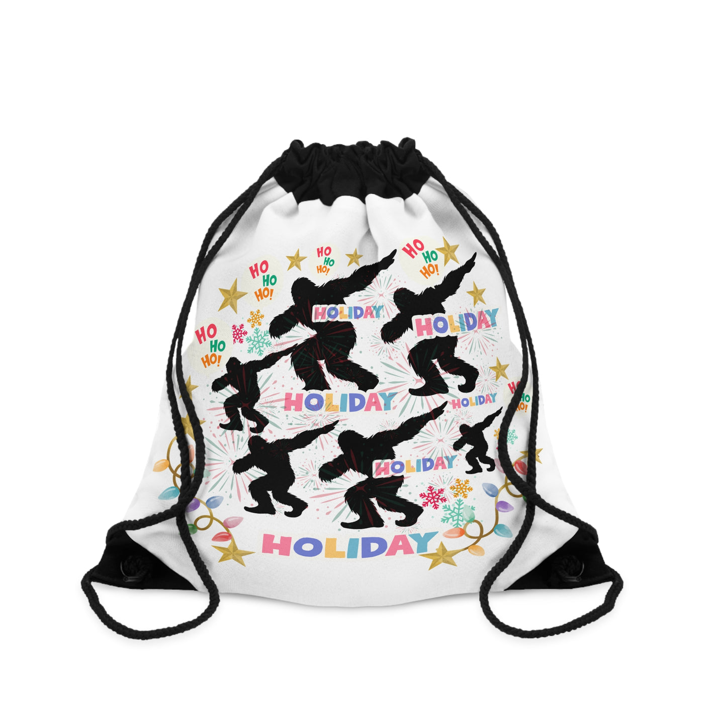 White drawstring bag with Sasquatch dabbing and holiday graphics.