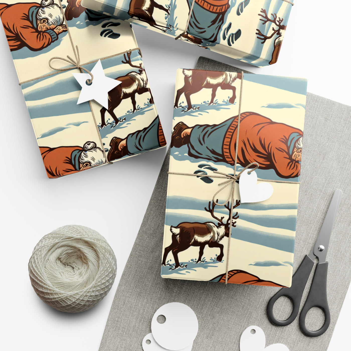 Wrapping paper with a vintage illustration of a grandma and reindeer.
