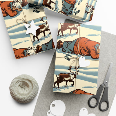 Wrapping paper with a vintage illustration of a grandma and reindeer.