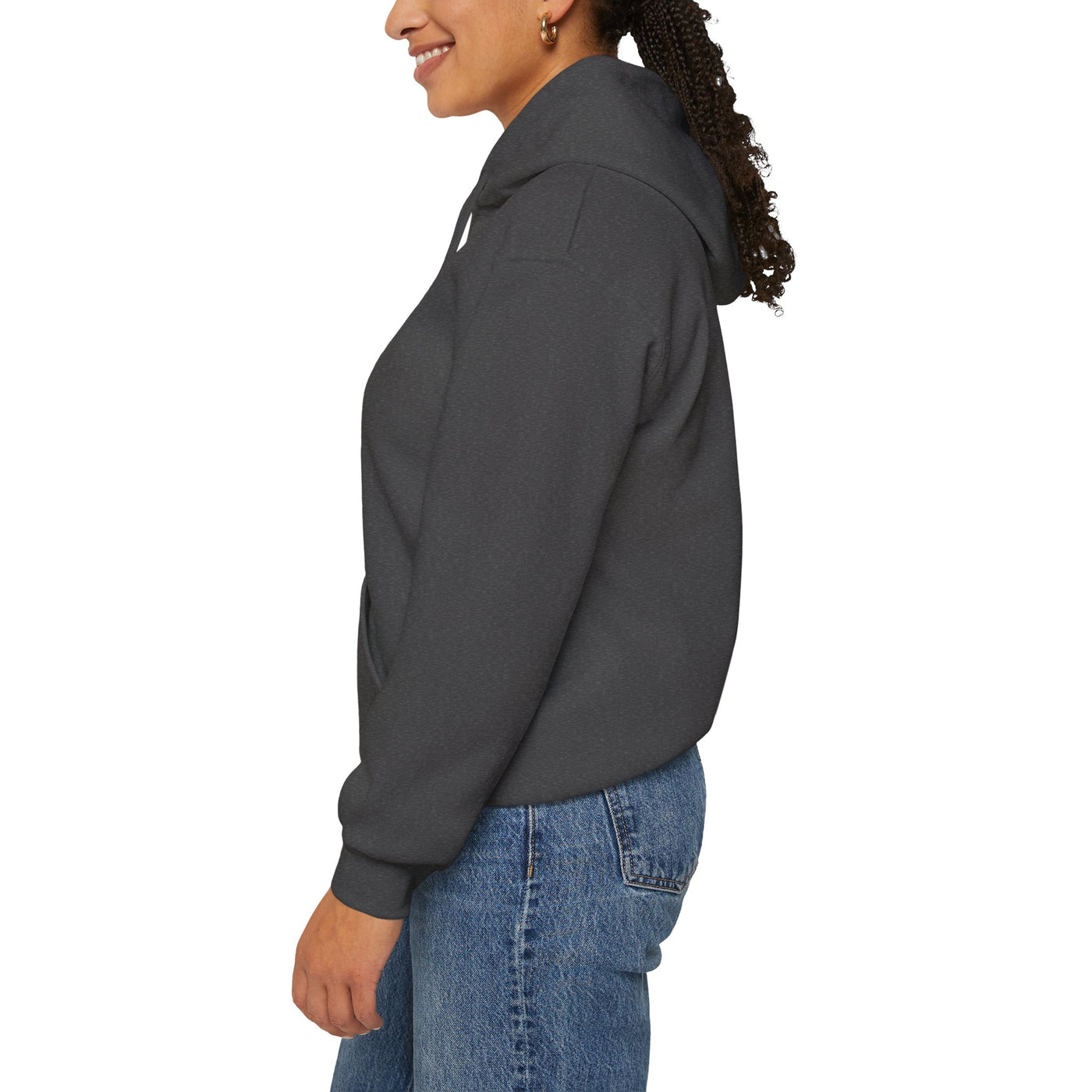 Men's dark gray hoodie and blue jeans.