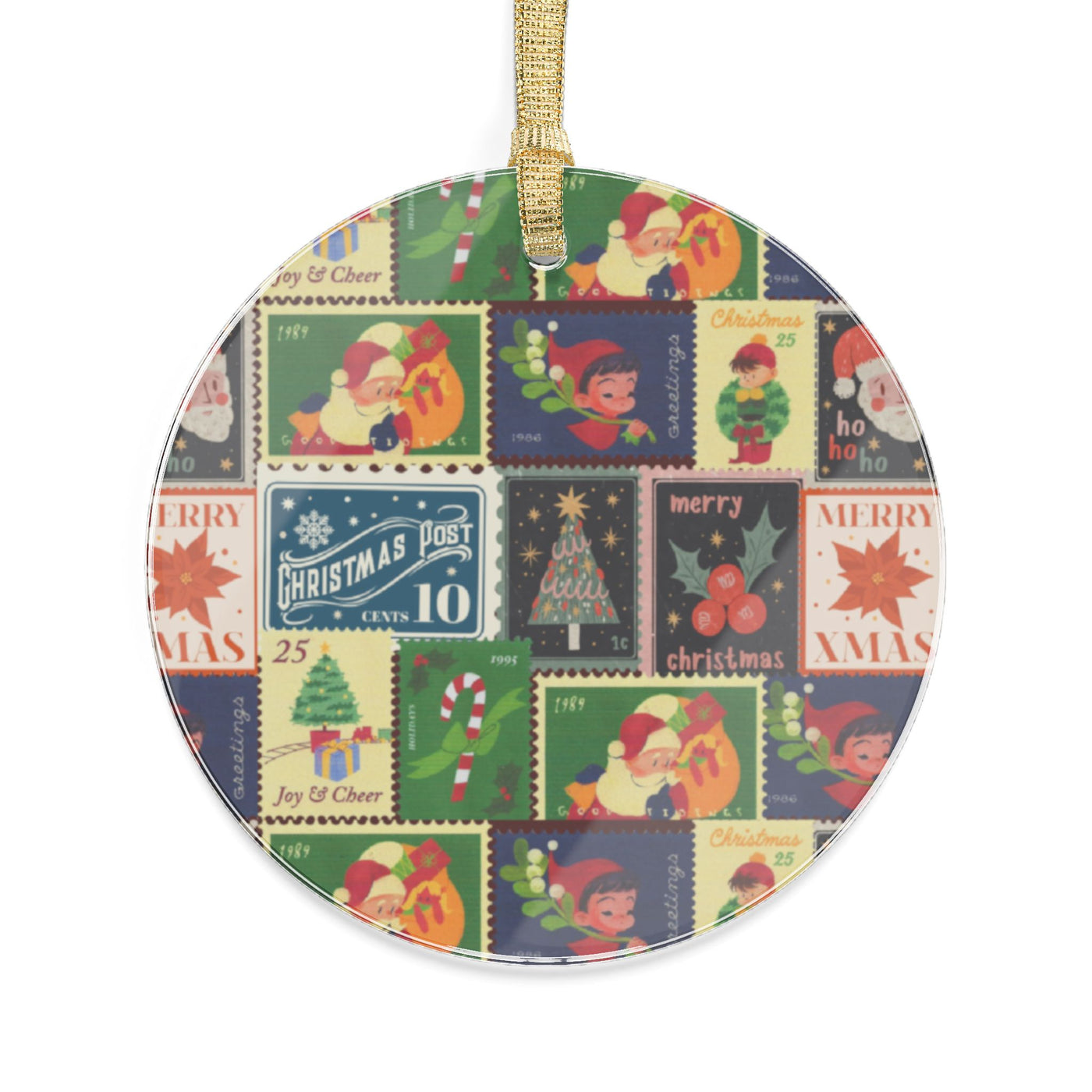 Round acrylic ornament with vintage Christmas stamp designs and a gold ribbon.