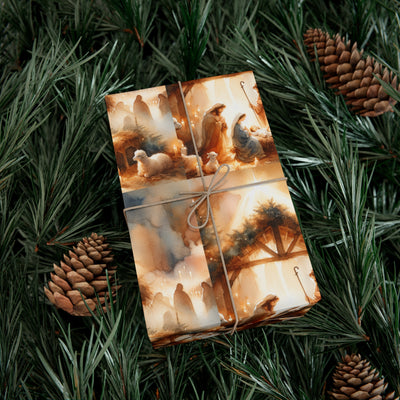 Christmas gift wrap with an elegant nativity scene, tied with twine, surrounded by pine needles and pinecones.