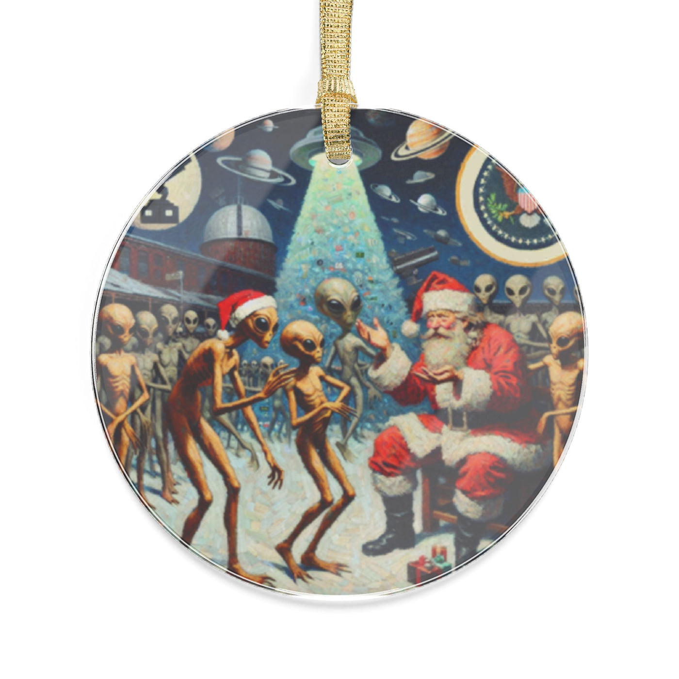Acrylic ornament with Santa and aliens celebrating Christmas.