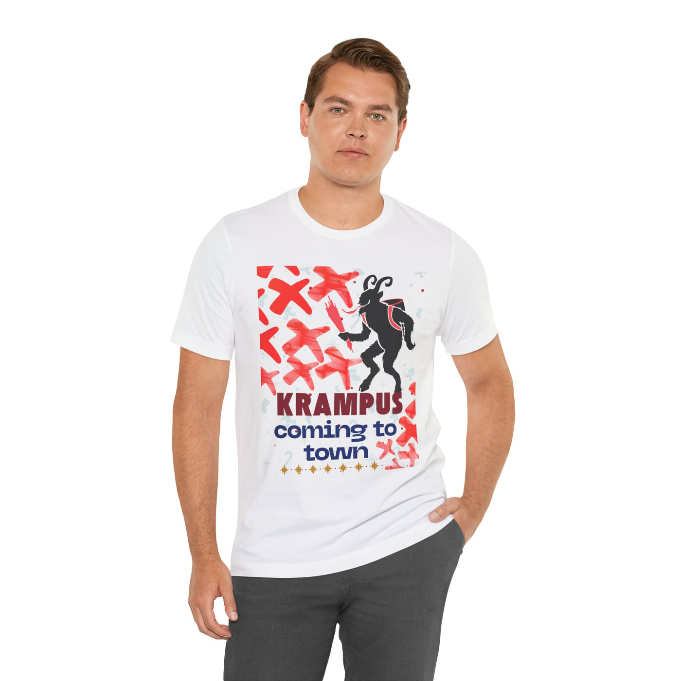 A man wears a white t-shirt with a Krampus graphic and text.
