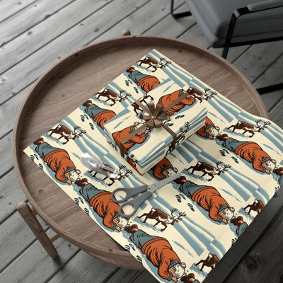 Wrapping paper with a vintage illustration of a grandma and reindeer in the snow.