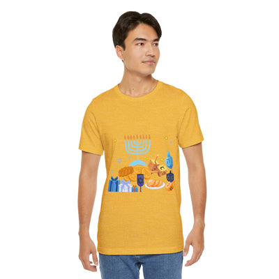 Men's yellow t-shirt with a Hanukkah graphic.