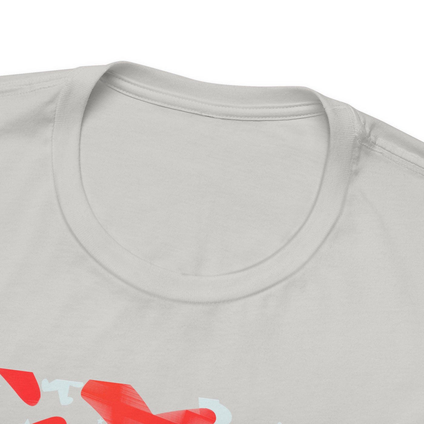 A light grey t-shirt with a red and white graphic design.