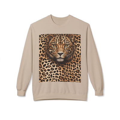 A tan sweatshirt with a realistic cheetah face and fur print.