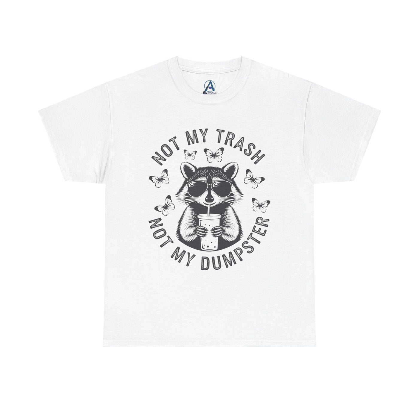 White t-shirt with raccoon graphic and text 'Not my trash, not my dumpster' on a white background
