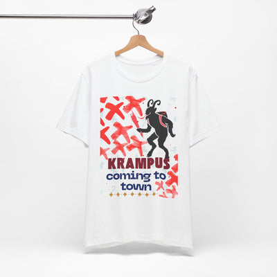 White t-shirt with a black silhouette of Krampus and red graphic elements.
