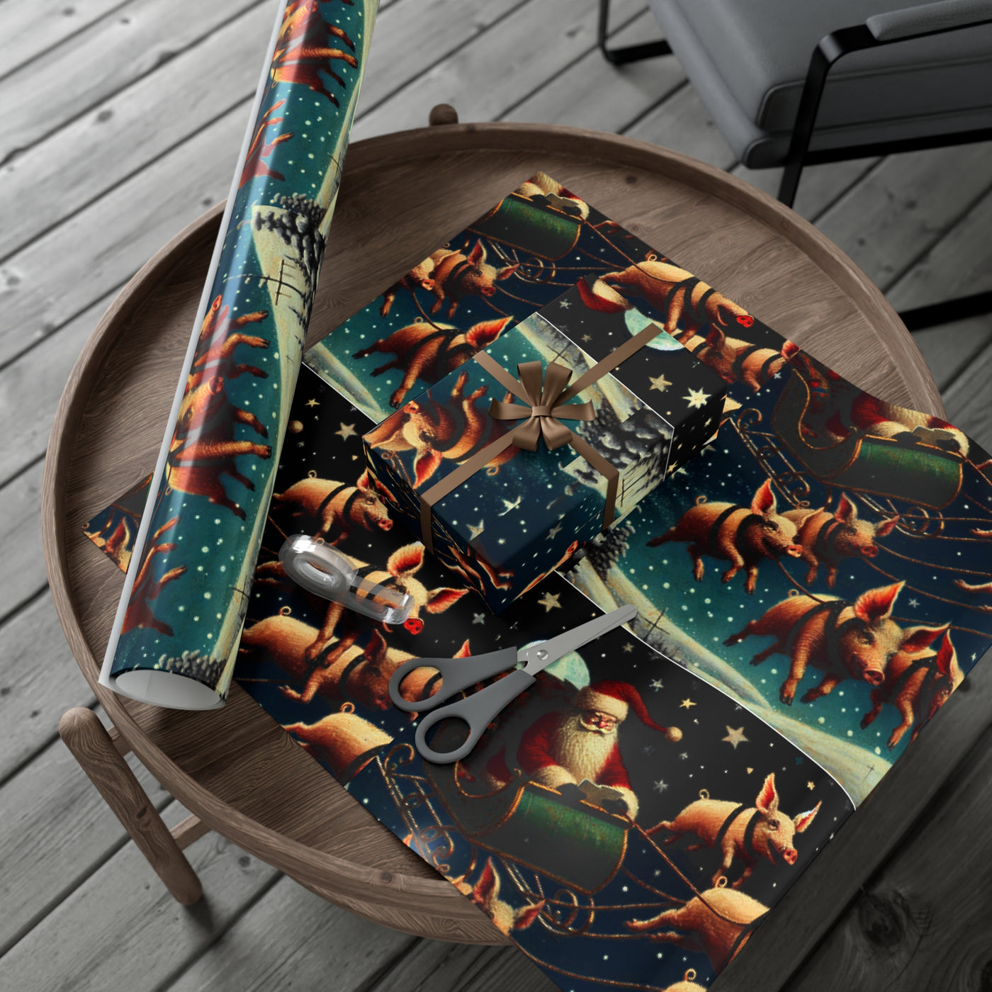Quirky holiday wrapping paper featuring flying pigs and Santa in a sleigh.