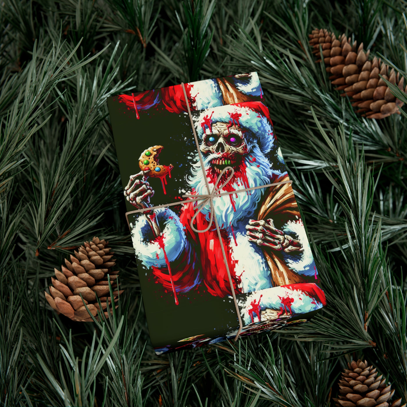 Zombie Santa wrapping paper with a cookie, surrounded by pine needles and pinecones.