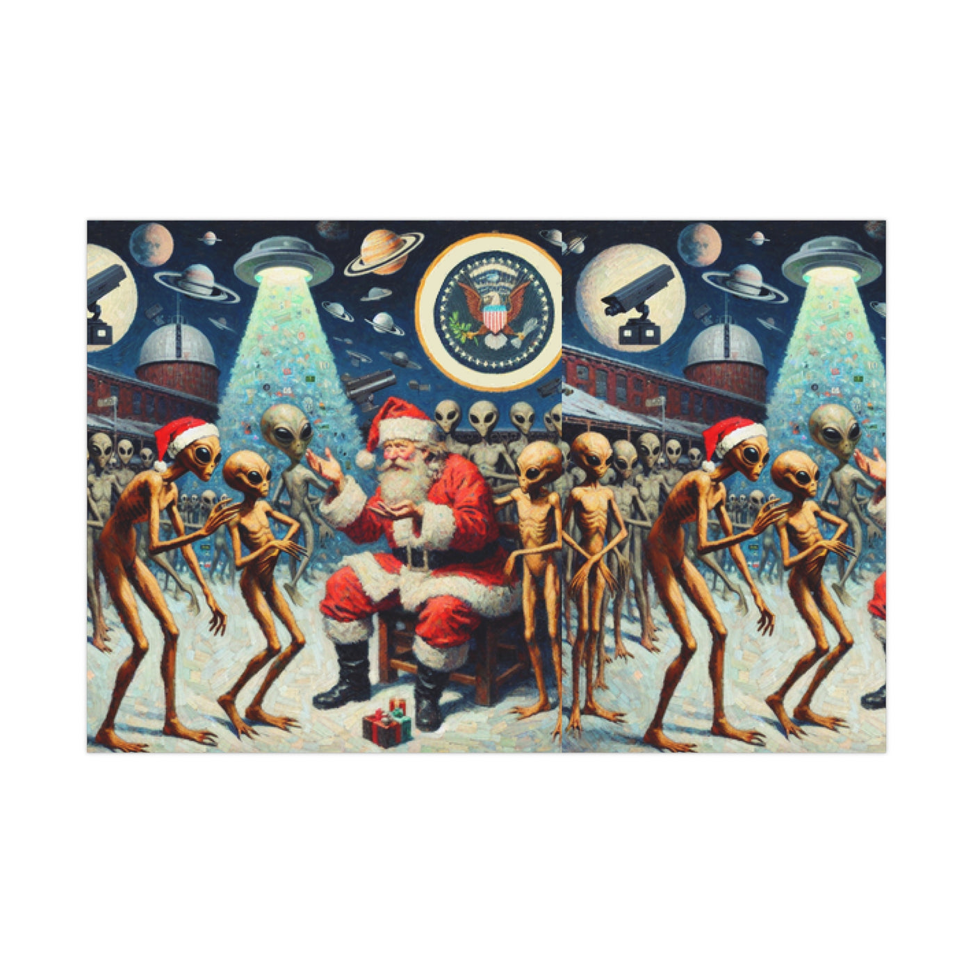 Santa Claus sits with aliens in front of a Christmas tree and the Great Seal.