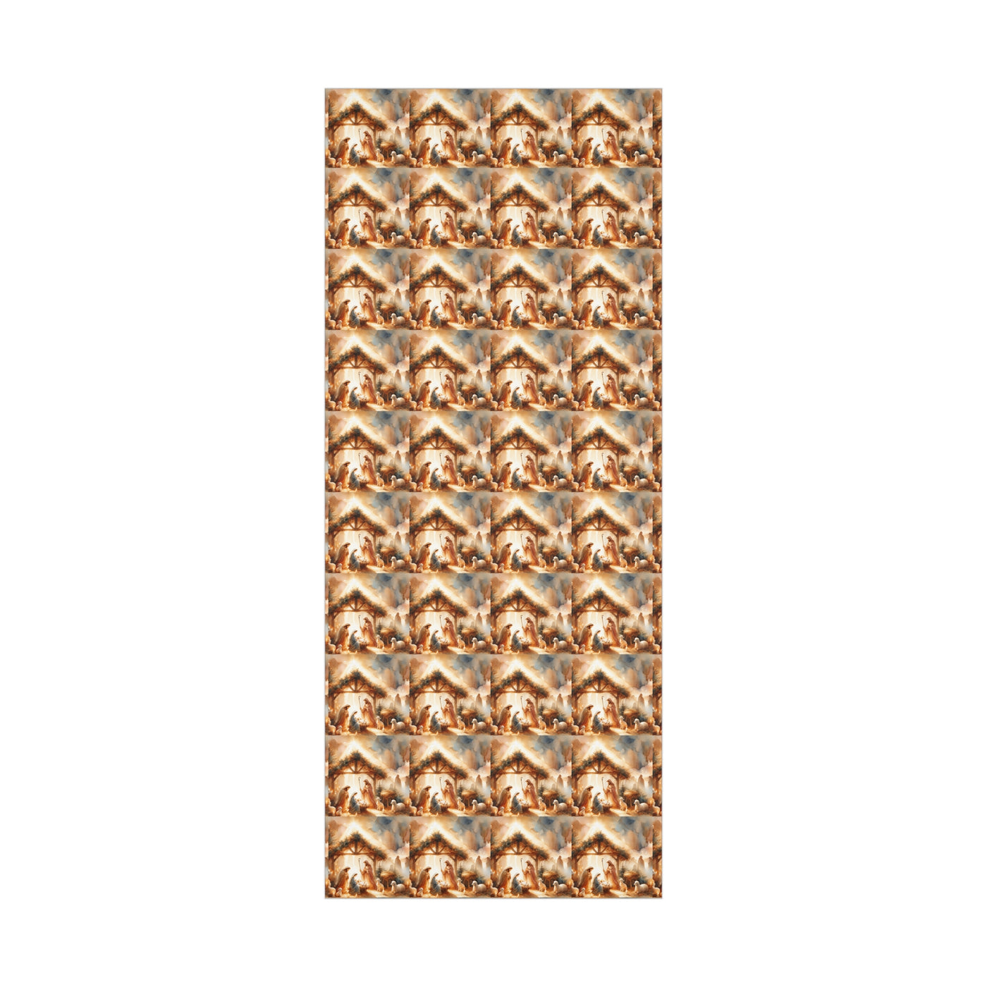 Elegant Christmas gift wrap featuring a repeating nativity scene.