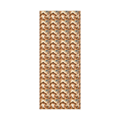 Elegant Christmas gift wrap featuring a repeating nativity scene.