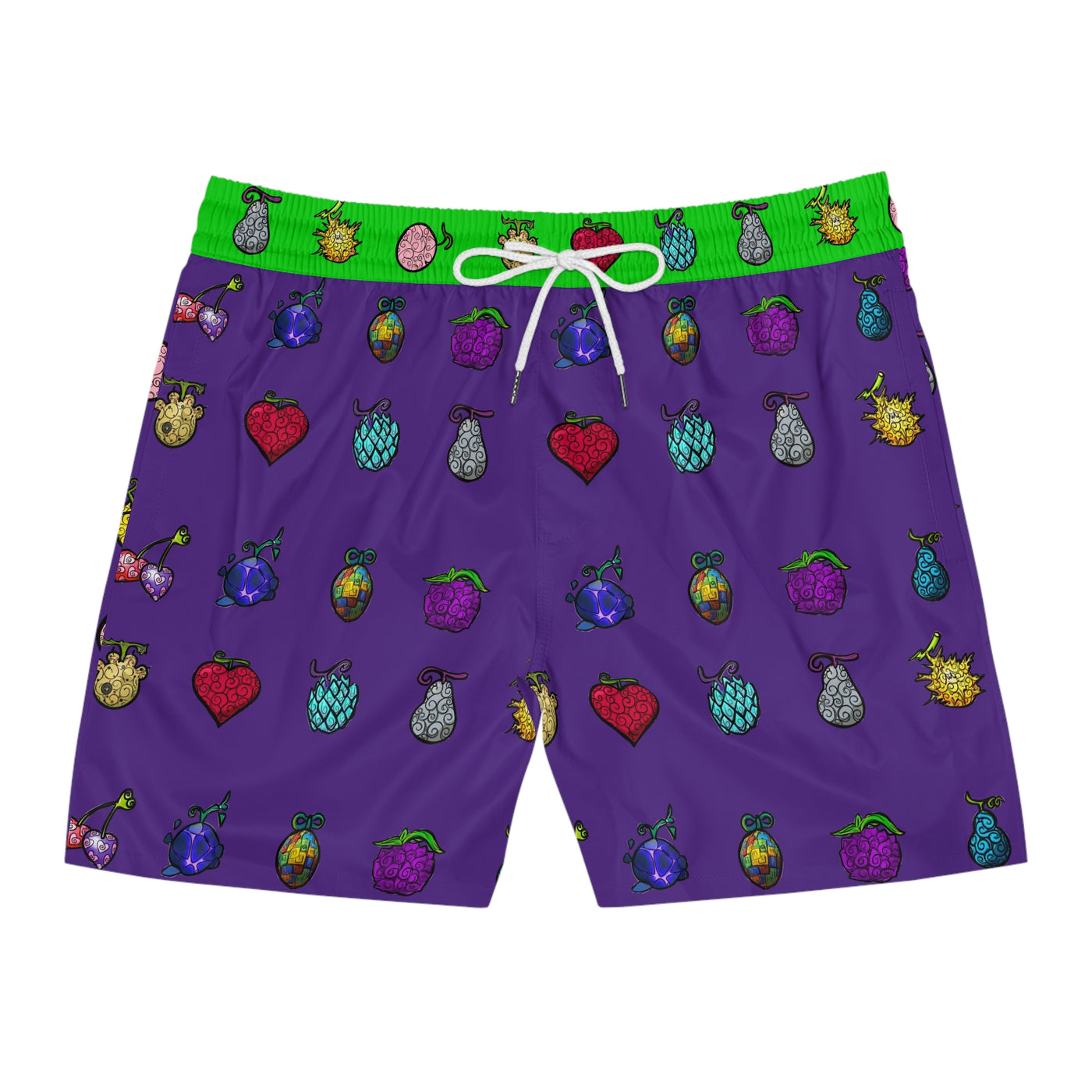 Purple swim shorts with colorful fruit pattern on a white background
