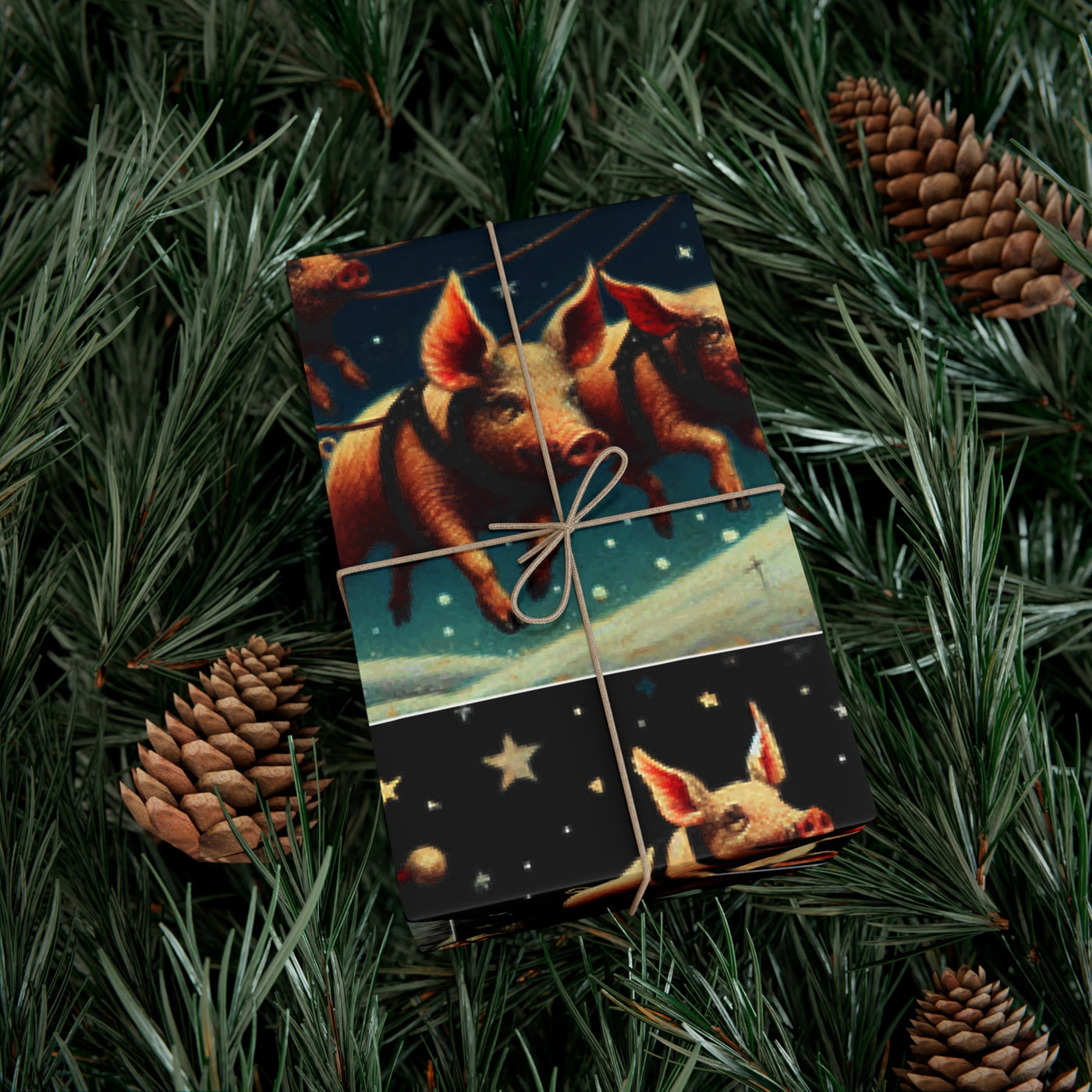 Wrapping paper with a quirky holiday design of flying pigs.