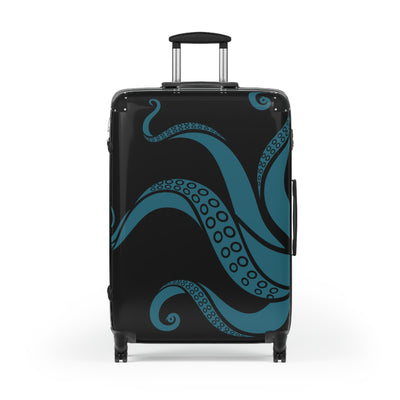 Black suitcase with teal monster tentacles, durable build and swivel wheels for personalized travel in the luggage and bags category.