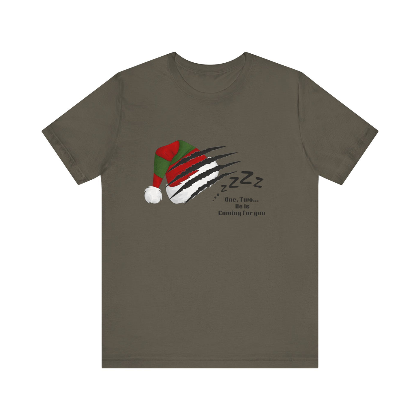 A grey t-shirt with a graphic of a Santa hat with claw marks and "One, Two... He is Coming for you" text.