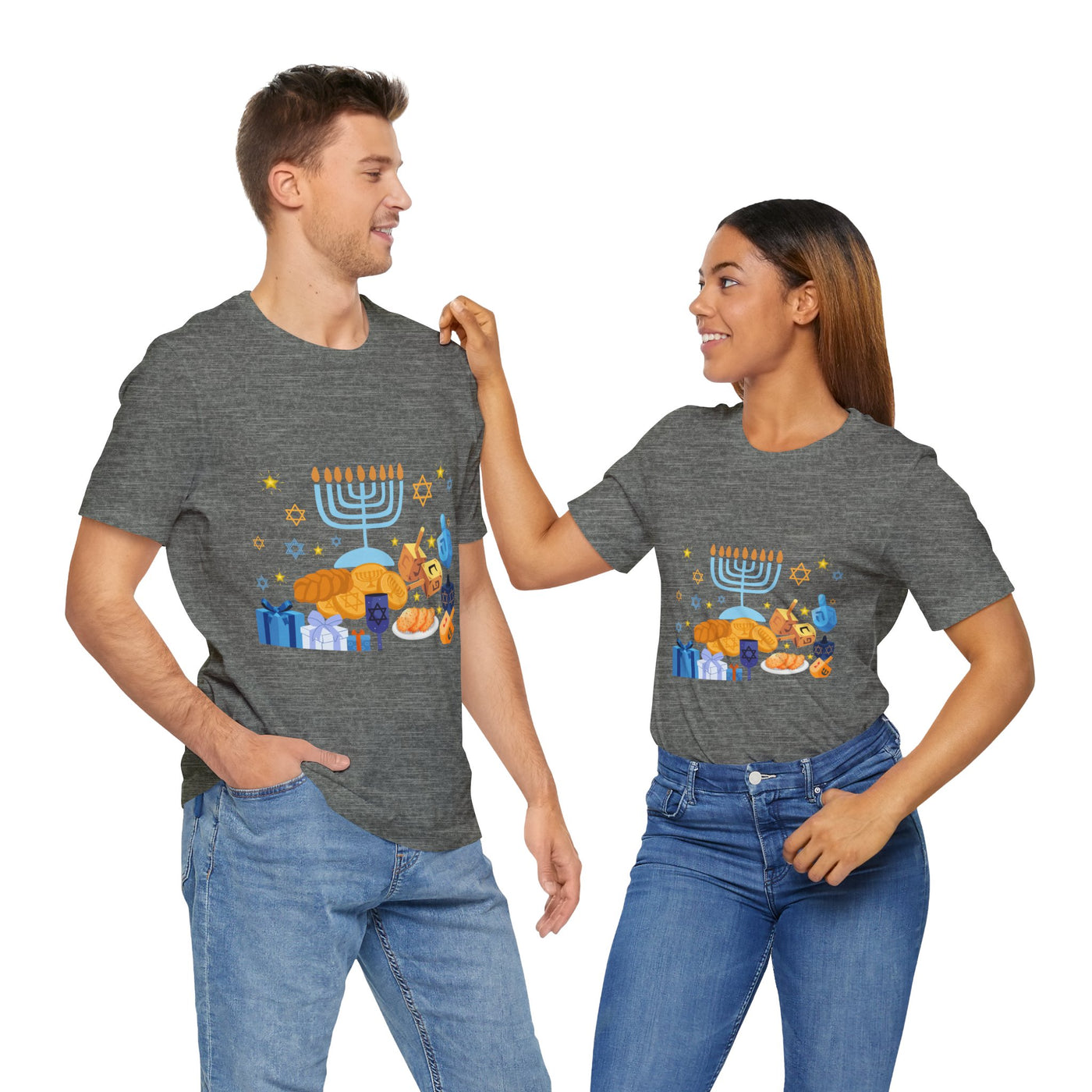 Unisex grey t-shirt with a Hanukkah graphic featuring a menorah, dreidels, and gifts.