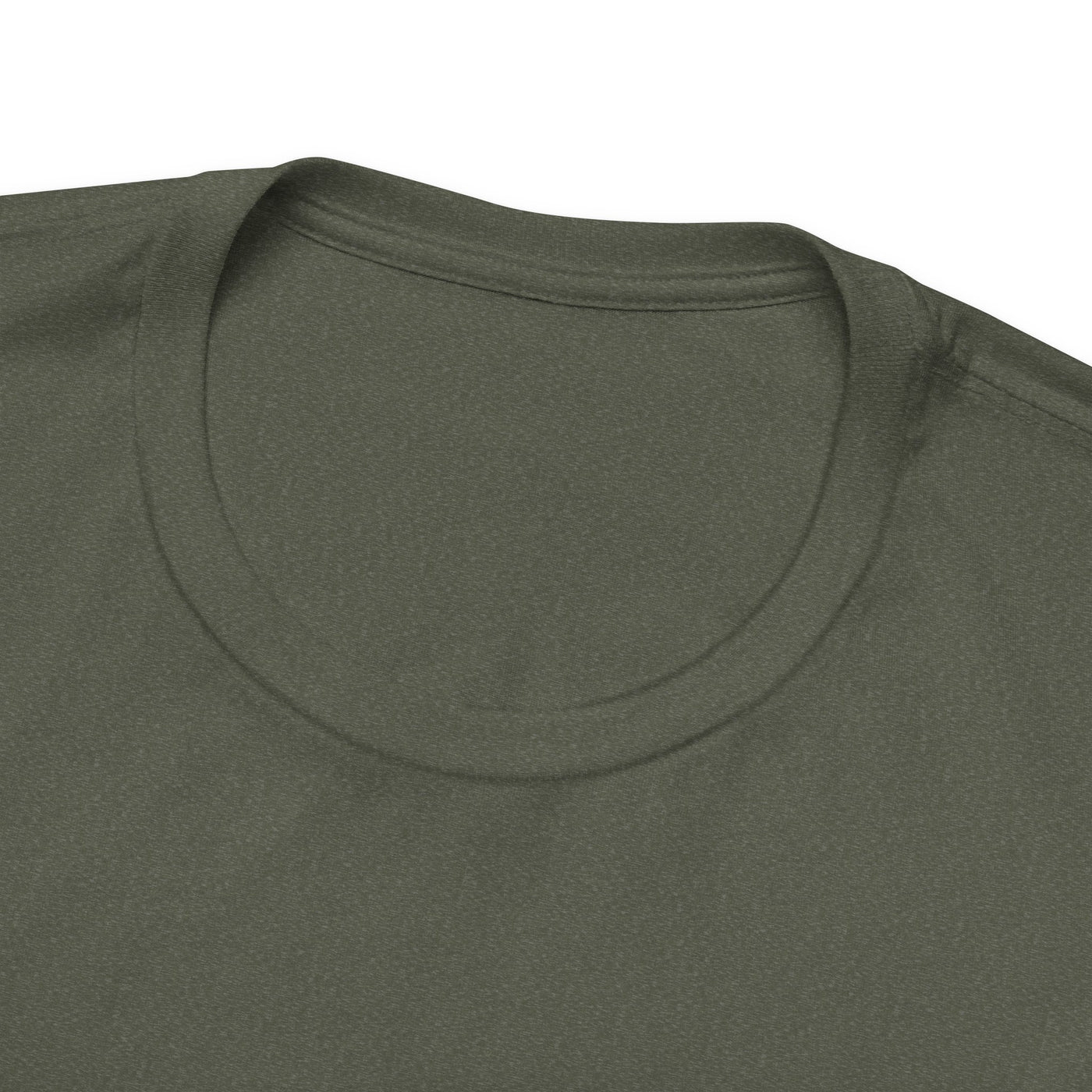 A close-up of a dark green t-shirt with a crew neck.