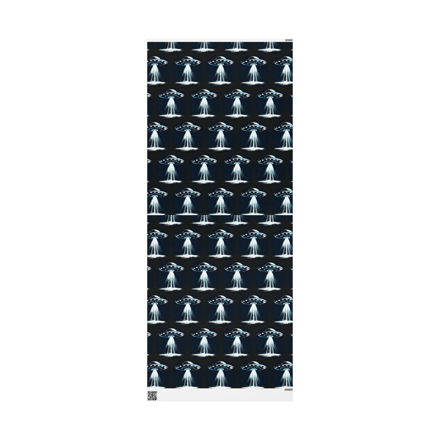 Wrapping paper with a repeating pattern of UFOs emitting beams of light.