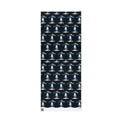 Wrapping paper with a repeating pattern of UFOs emitting beams of light.