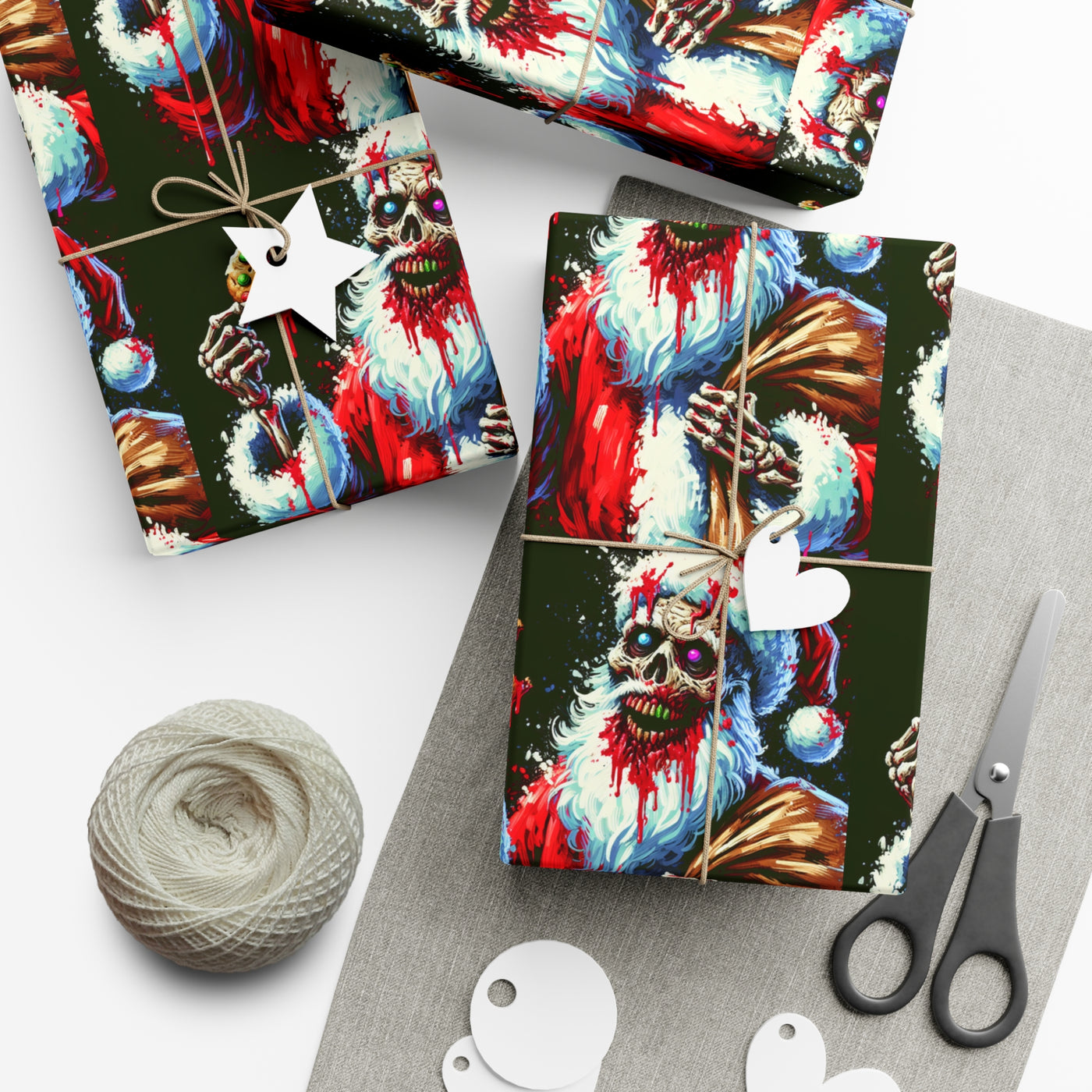 Zombie Santa wrapping paper with twine and gift tags on a white background.