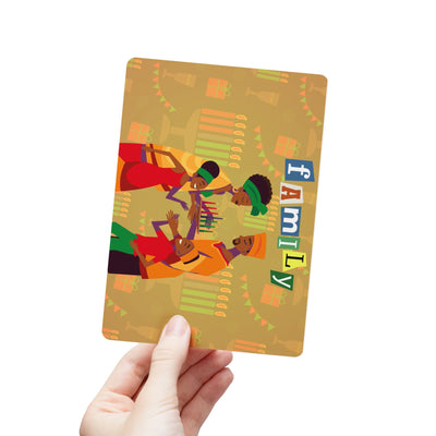 Kwanzaa postcard featuring a vibrant family illustration and the word "Family" in colorful letters.
