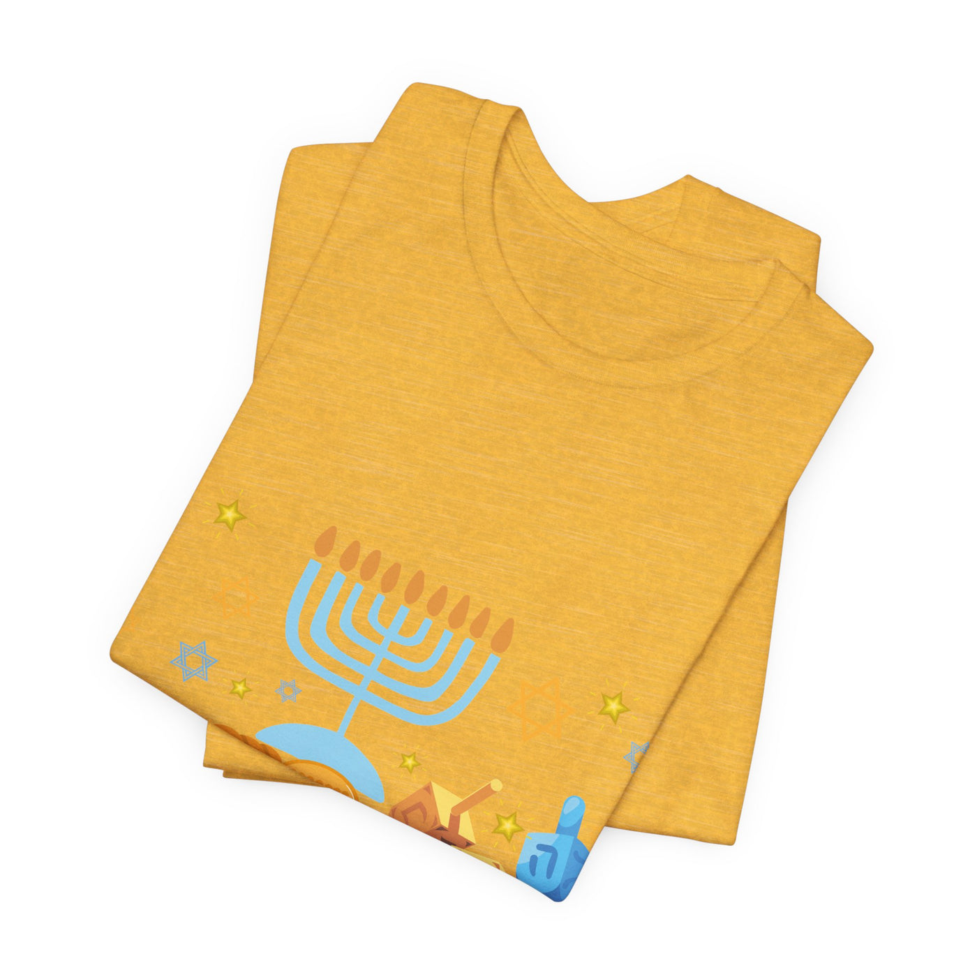 Yellow t-shirt with a graphic of a menorah, dreidels, and stars.