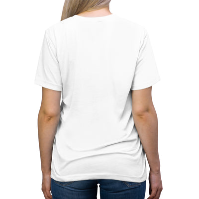 Back view of a woman wearing a white t-shirt and blue jeans.