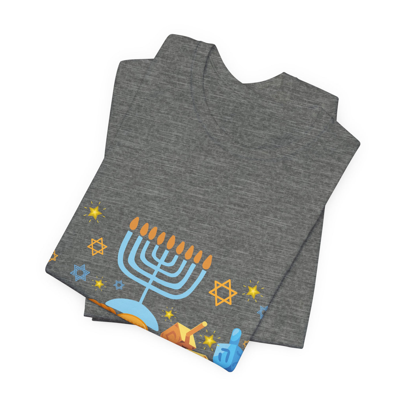 Grey t-shirt with a Hanukkah graphic featuring a menorah, dreidels, and stars.