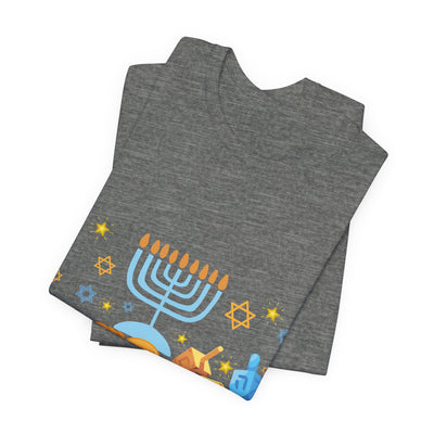 Grey t-shirt with a Hanukkah graphic featuring a menorah, dreidels, and stars.