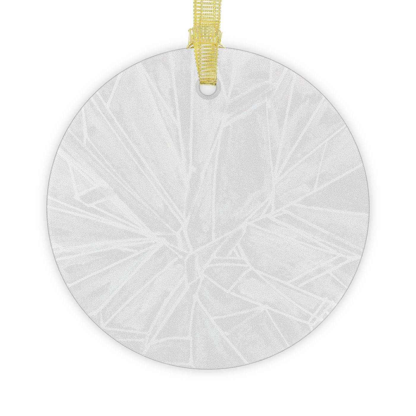 Round glass ornament with a shattered glass design and gold ribbon.