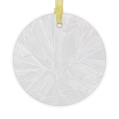 Round glass ornament with a shattered glass design and gold ribbon.