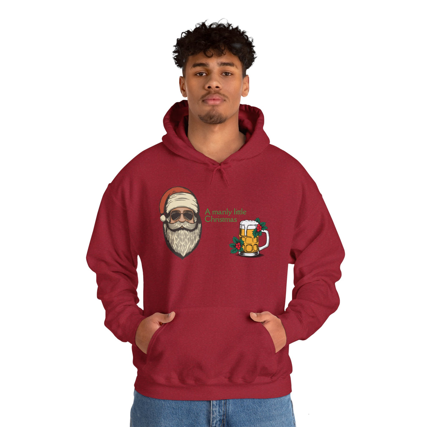 A maroon hoodie with a Santa graphic and a beer mug.