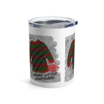 A 10oz stainless steel tumbler with a Freddy Krueger-inspired sweater design and the text "Merry Little Nightmare".