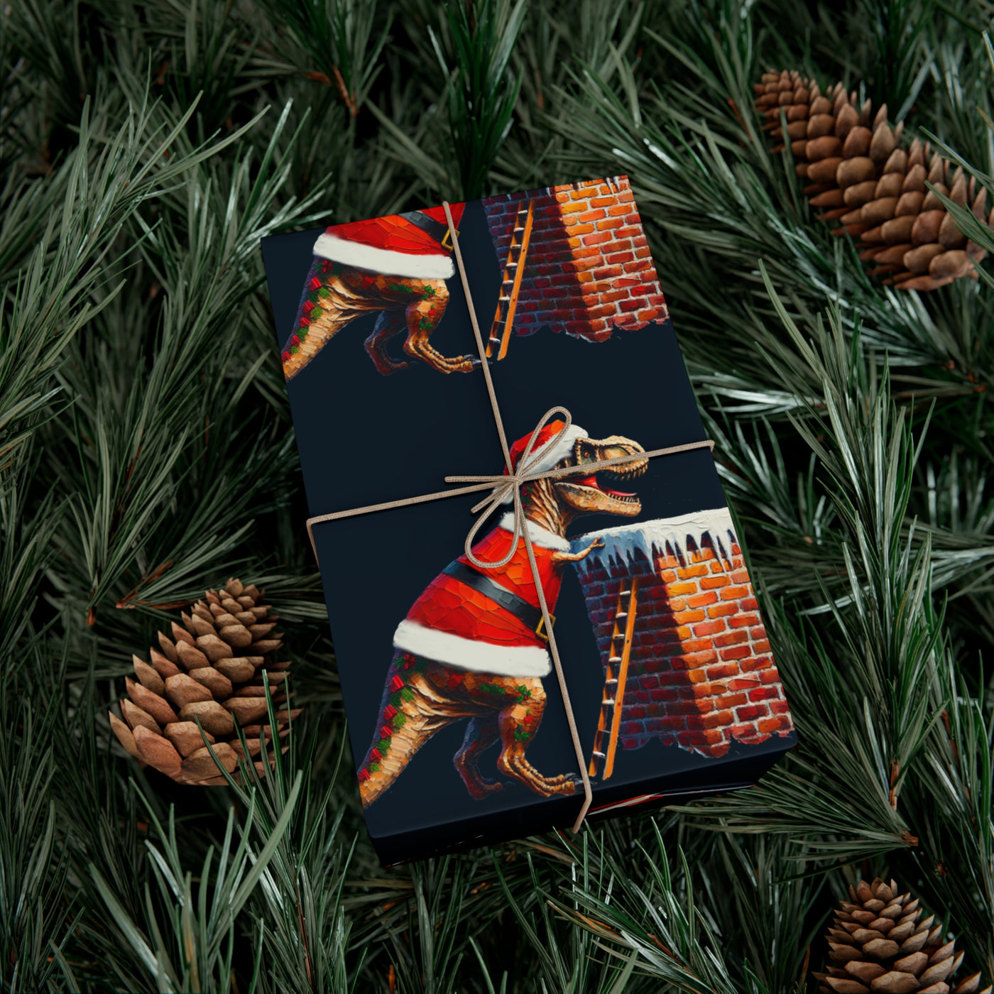 Gift wrap with a T-Rex in a Santa suit climbing a brick chimney.