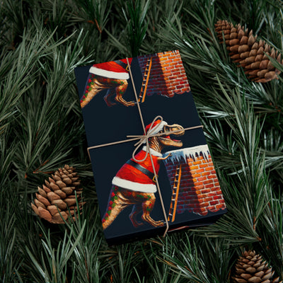 Gift wrap with a T-Rex in a Santa suit climbing a brick chimney.