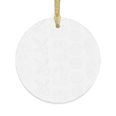 Round acrylic ornament with a subtle pattern of cells and a gold ribbon for hanging.