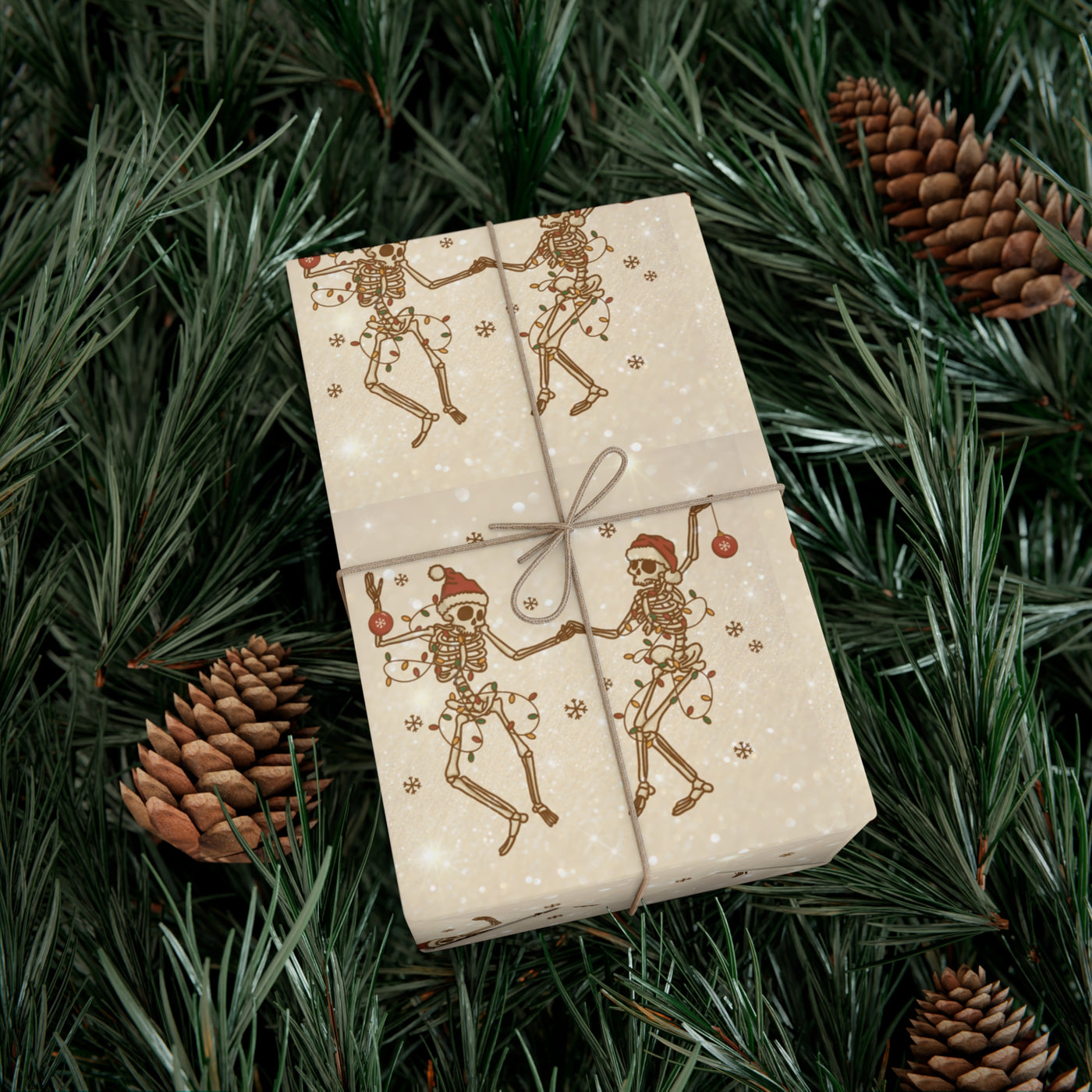 Skeleton gift wrap with dancing skeletons and festive lights on a light background.