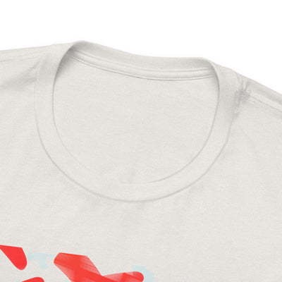White t-shirt with a red and blue graphic design.