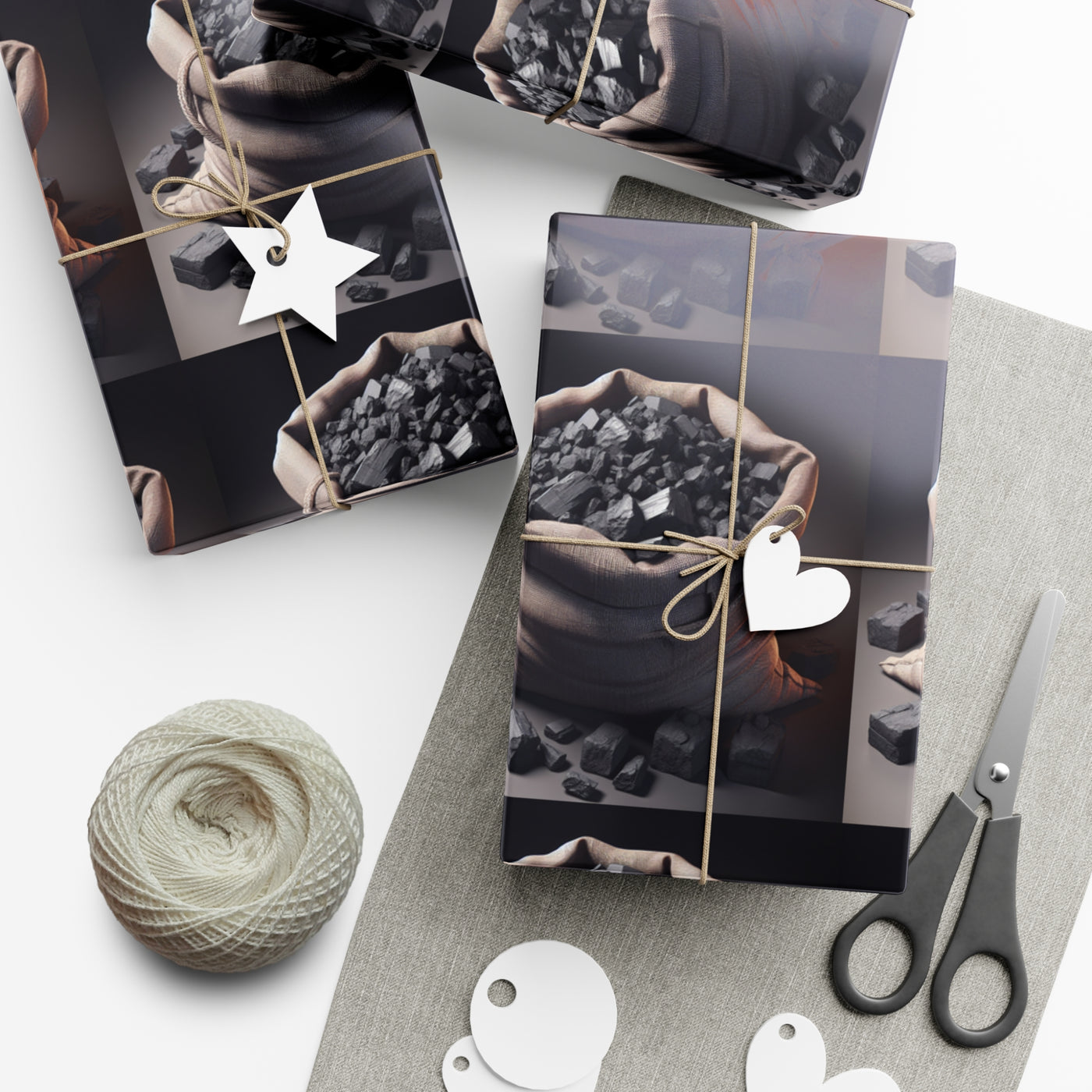 Gift wrap paper featuring a pattern of burlap sacks filled with coal.