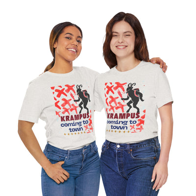 Two women in white t-shirts with a Krampus graphic and text.