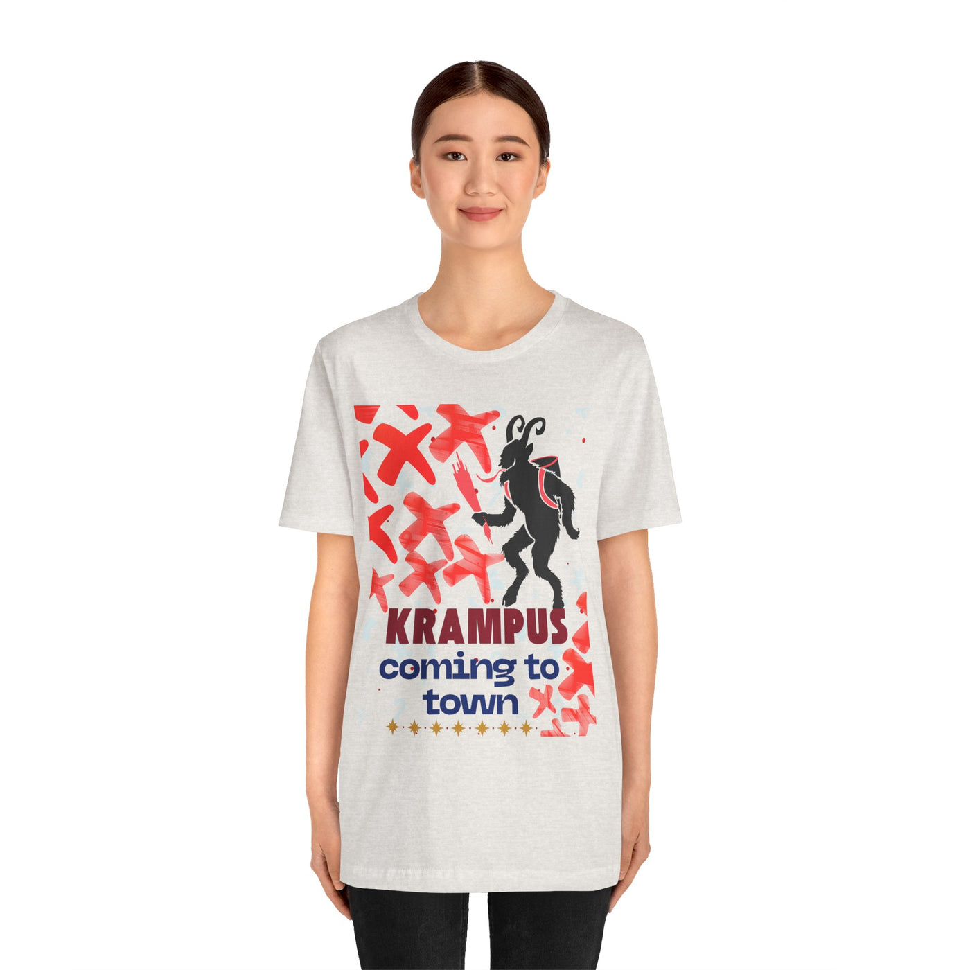 A light grey t-shirt with a Krampus graphic and text.