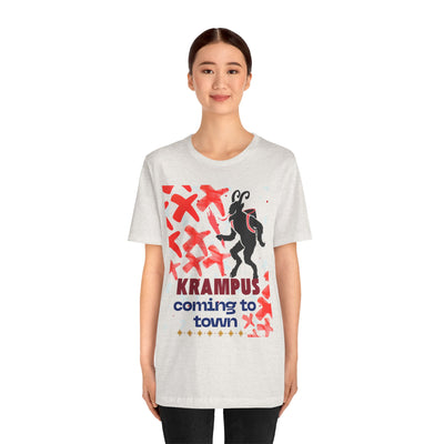 A light grey t-shirt with a Krampus graphic and text.