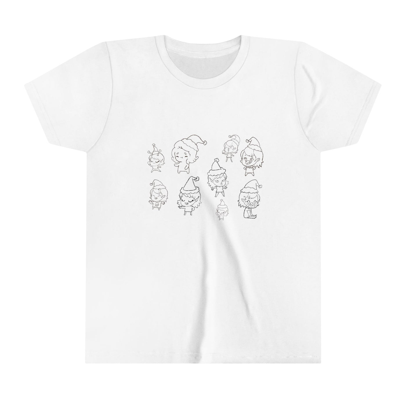 White t-shirt with a black line drawing of ten cute elves wearing Santa hats.