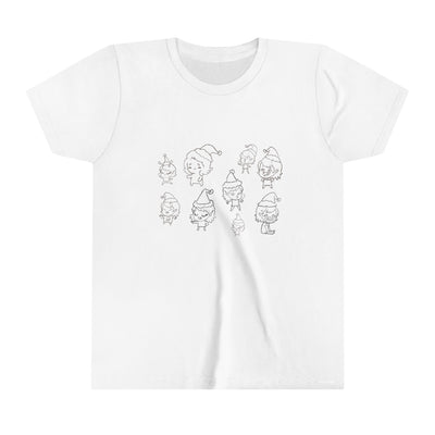 White t-shirt with a black line drawing of ten cute elves wearing Santa hats.