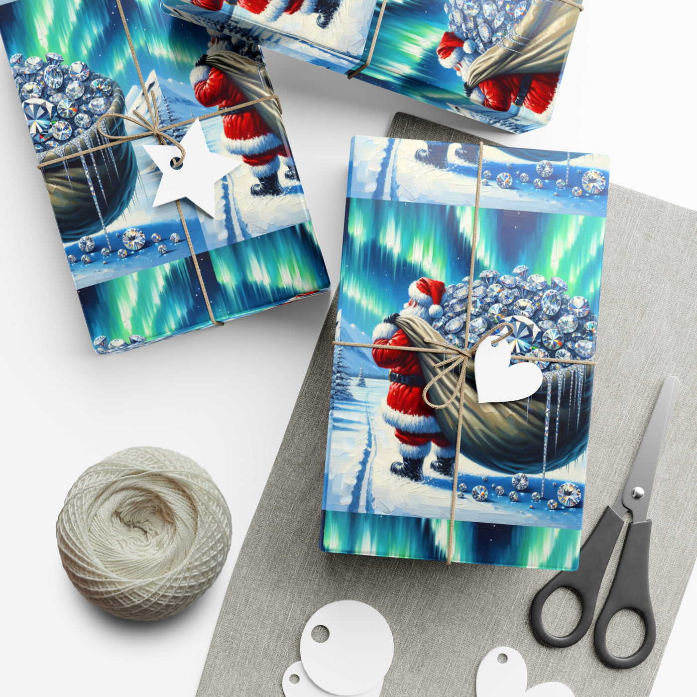 Santa themed wrapping paper with diamonds and aurora borealis.