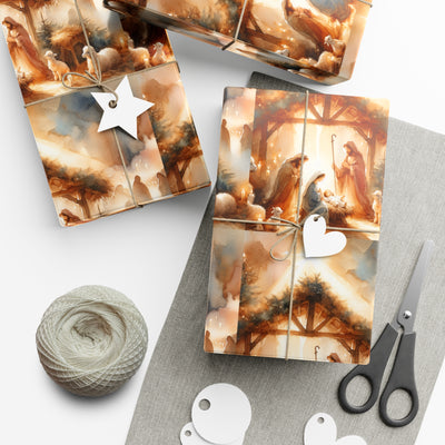 Christmas gift wrap with an elegant nativity scene, tied with twine and a star tag.